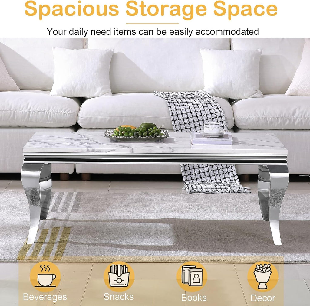47' Marble Coffee Table for Living Room, Modern White Coffee Table with Silver Stainless Steel S-Shaped Legs, Faux Marble Rectangle Center Table Accent Cocktail Table for Home,Office
