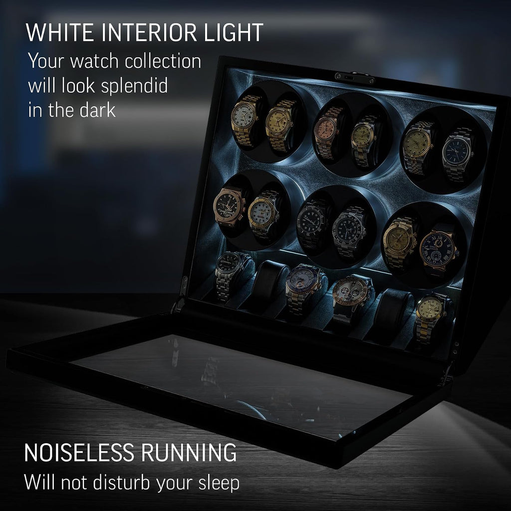 TIMECUBE 12 Watch Winder with 6 Storage Slots, LED Light and Automatic Motor-Stop