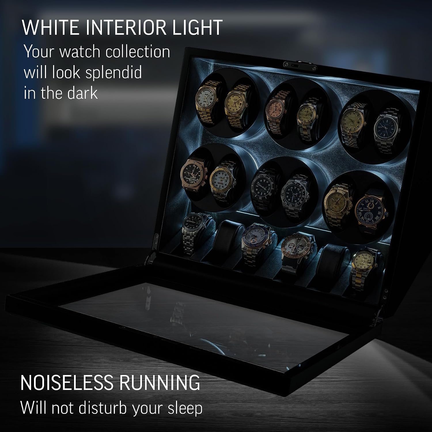 TIMECUBE 12 Watch Winder with 6 Storage Slots, LED Light and Automatic Motor-Stop