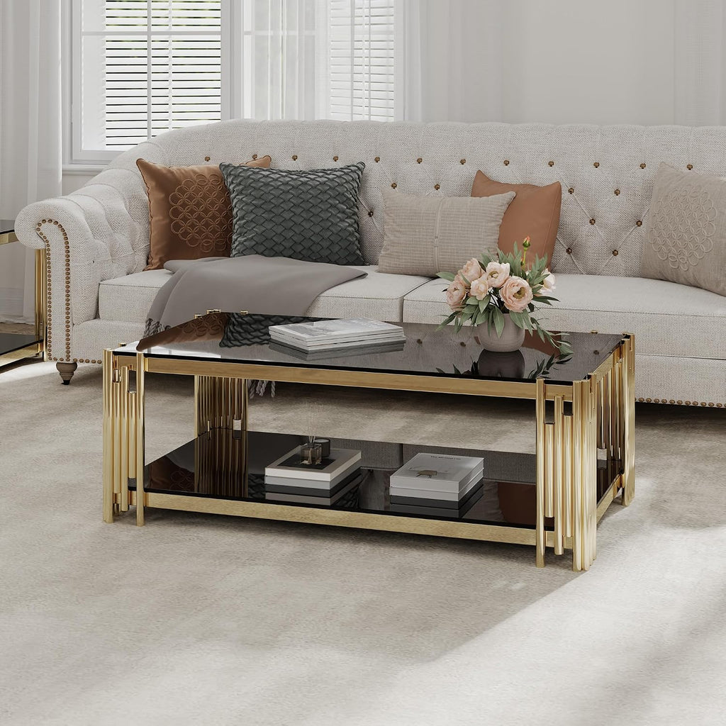 SSLine Black Glass Coffee Table with Gold Stainless Steel Frame Luxury Rectangle 2-Tier Coffee Table for Living Room Modern Elegant Cocktail Center Table with Storage Shelves for Home Office