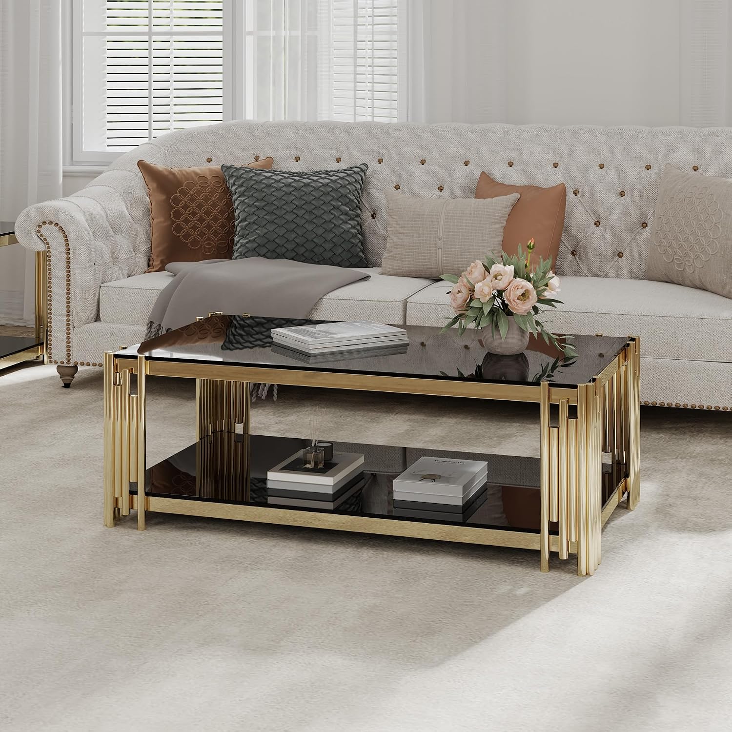 SSLine Black Glass Coffee Table with Gold Stainless Steel Frame Luxury Rectangle 2-Tier Coffee Table for Living Room Modern Elegant Cocktail Center Table with Storage Shelves for Home Office