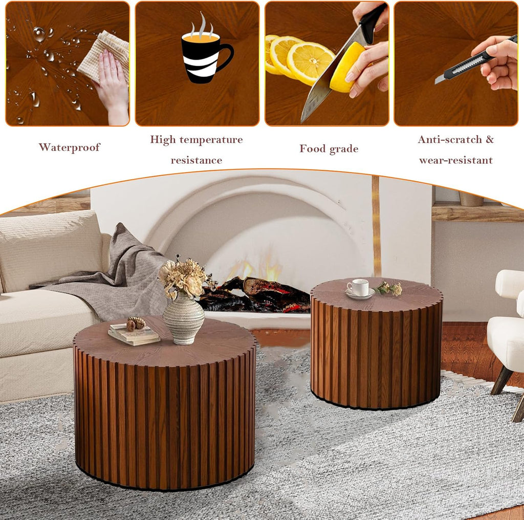Handcraft Round Nesting Coffee Table - Chic Wave Stripe Edge, Modern Stylish Walnut Wooden Circle Fluted Center Table for Living Room (18.9IN+15IN)