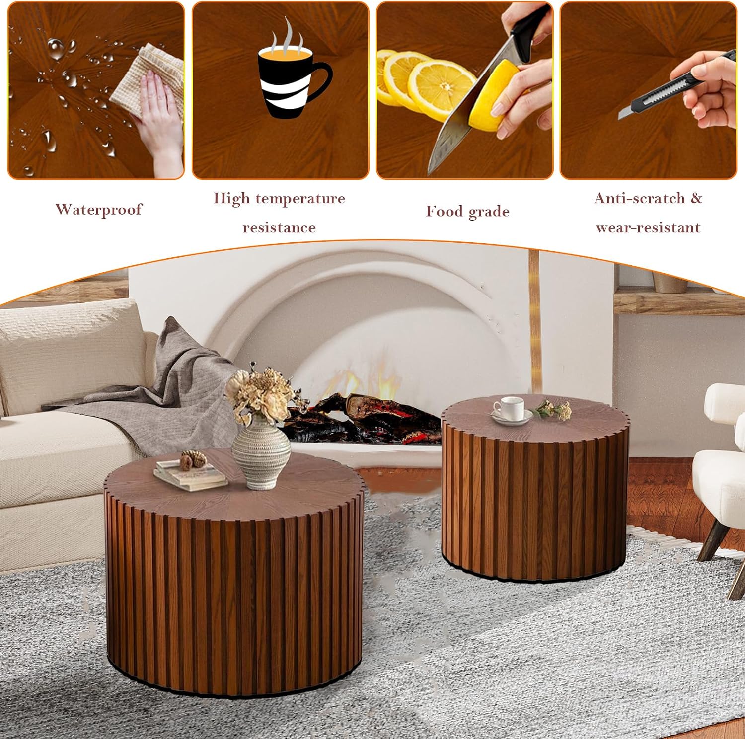 Handcraft Round Nesting Coffee Table - Chic Wave Stripe Edge, Modern Stylish Walnut Wooden Circle Fluted Center Table for Living Room (18.9IN+15IN)