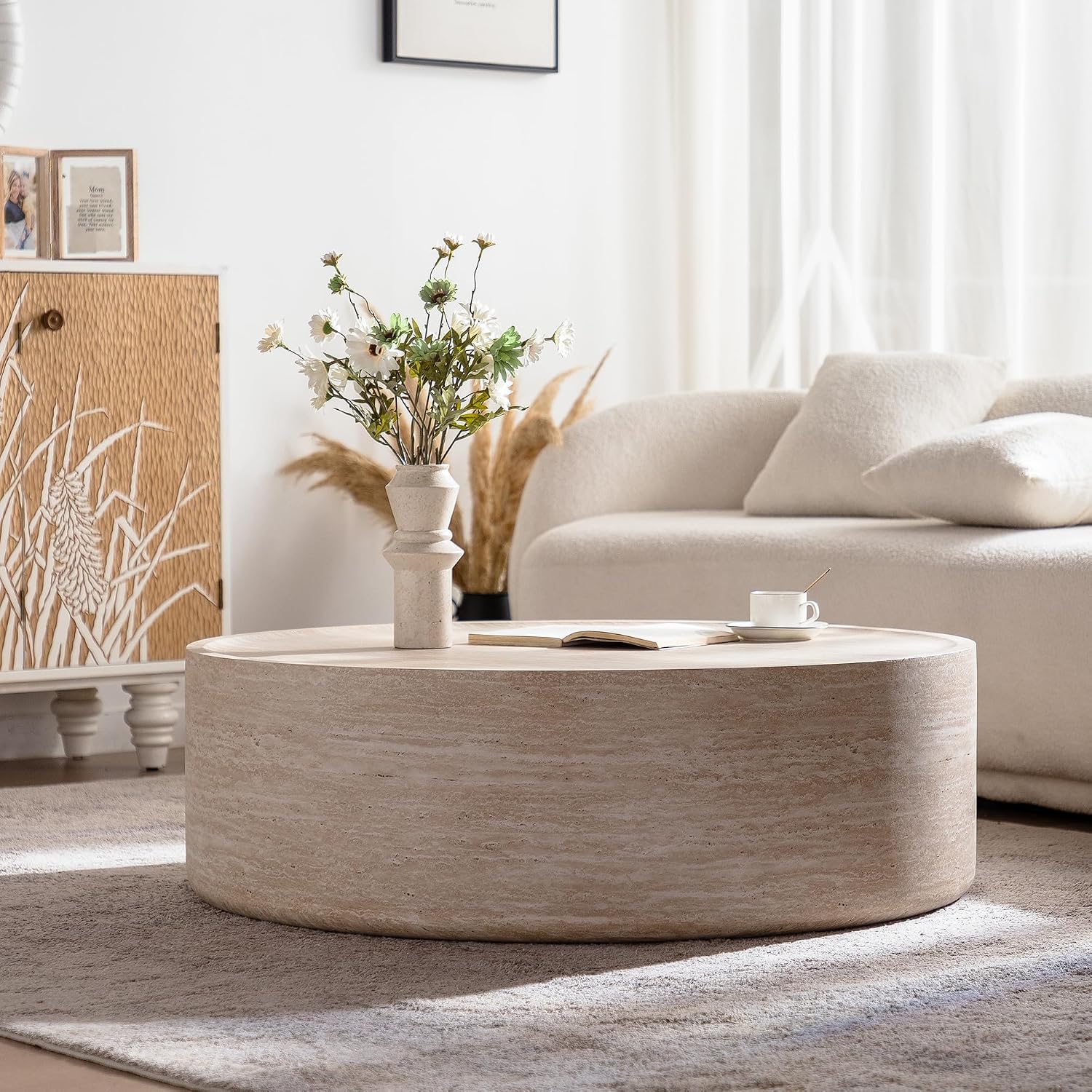 Faux Travertine Coffee Table for Living Room Modern Wood Drum Coffee Tables 39.37' Fully Assembled Round Center Table for Living Room Home Office