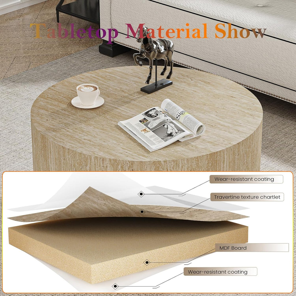 Round Travertine Coffee Table, with Large Tabletop & Base, Mid Century Rustic Circle Wood Center Table for Living Room Farmhouse Apartment, Easy Assembly (B)