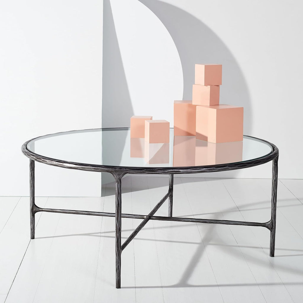 SAFAVIEH Couture Collection Jessa Black Metal/Tempered Glass Top Round Coffee Table (Fully Assembled)