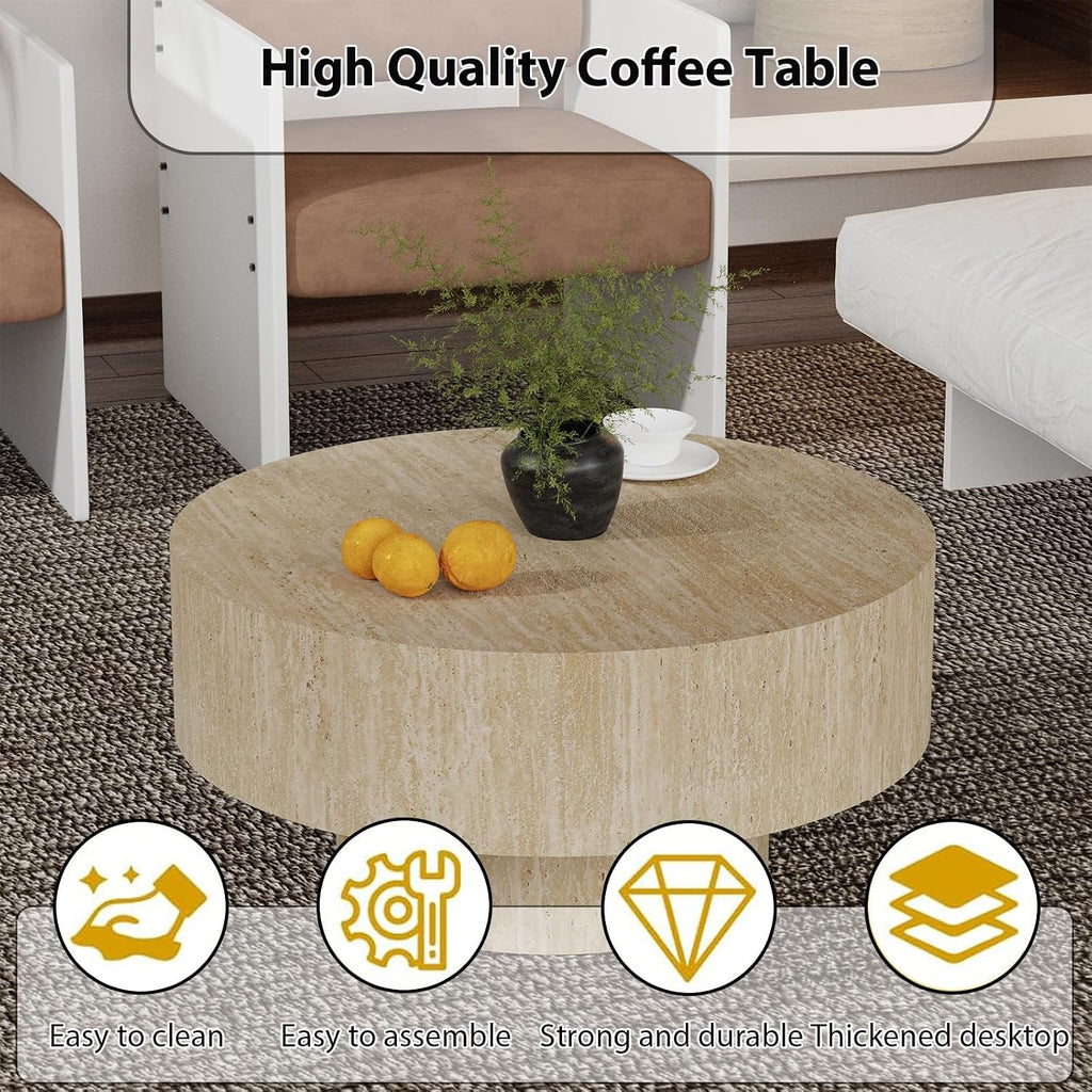Round Coffee Table, Handcrafted Fluted Drum Coffee Tables Modern Wood Coffee Table Circle Drum Center Table for Living Room, Apartment (Travertine Round)