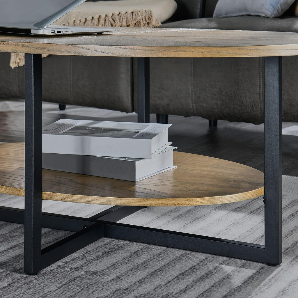 Solid Wood Oval Coffee Table with Cross Metal Legs, 43.3in Modern Industrail Center Table with Open Shelf Cocktail Tea Table for Living Room Bedroom, Rustic Nature 1811
