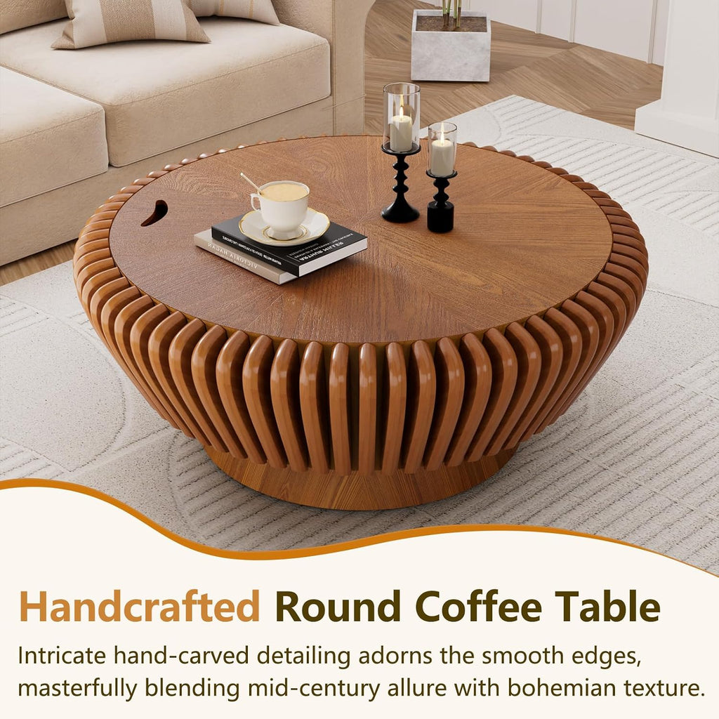 Modern Wood Fluted Round Coffee Table with Storage - Handcraft Drum Coffee Tables with Sturdy Base, Accent Center Table Small Circle Coffee Table for Living Room,Office, Apartment (Brown 35.4')