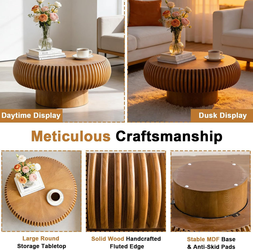 Round Coffee Table for Living Room Modern Brown Fluted Coffee Table Round Drum Coffee Tables Low Circle Pedestal Center Table for Small Spaces (A Brown, 31.4 in)