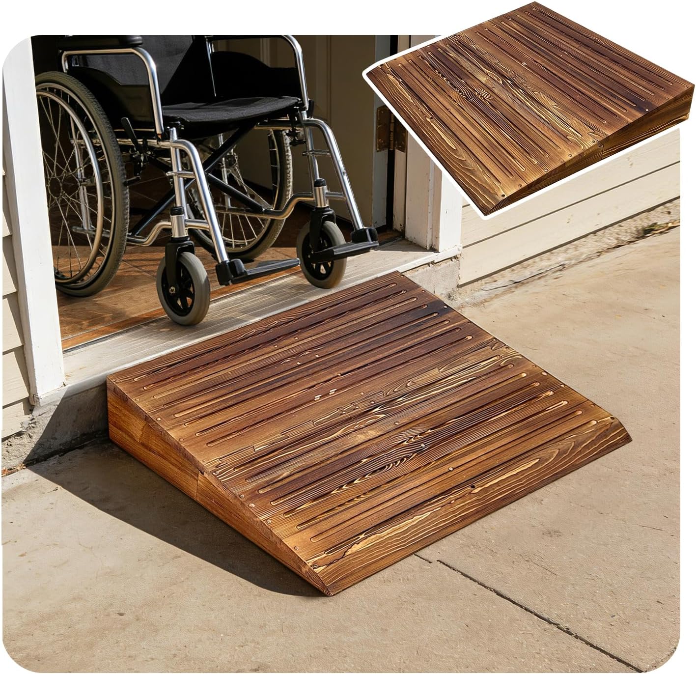 Wooden Threshold Ramps for Doorways, Home Steps Wheelchair Ramps,Walker/Cart/Scooter Stair Ramp for Elderly Handicap with Non-Slip Grooves (31.6' W*5.0' H, Solid Wood, 600lbs Capacity)