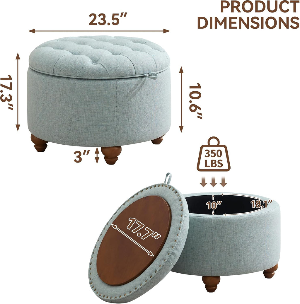 WUTUTUEE 24Inch Round Storage Ottoman with Tray, Modern Tufted Fabric Circle Coffee Table with Storage, Upholstered Ottoman with Removable Top for Living Room, Bedroom, Light Blue