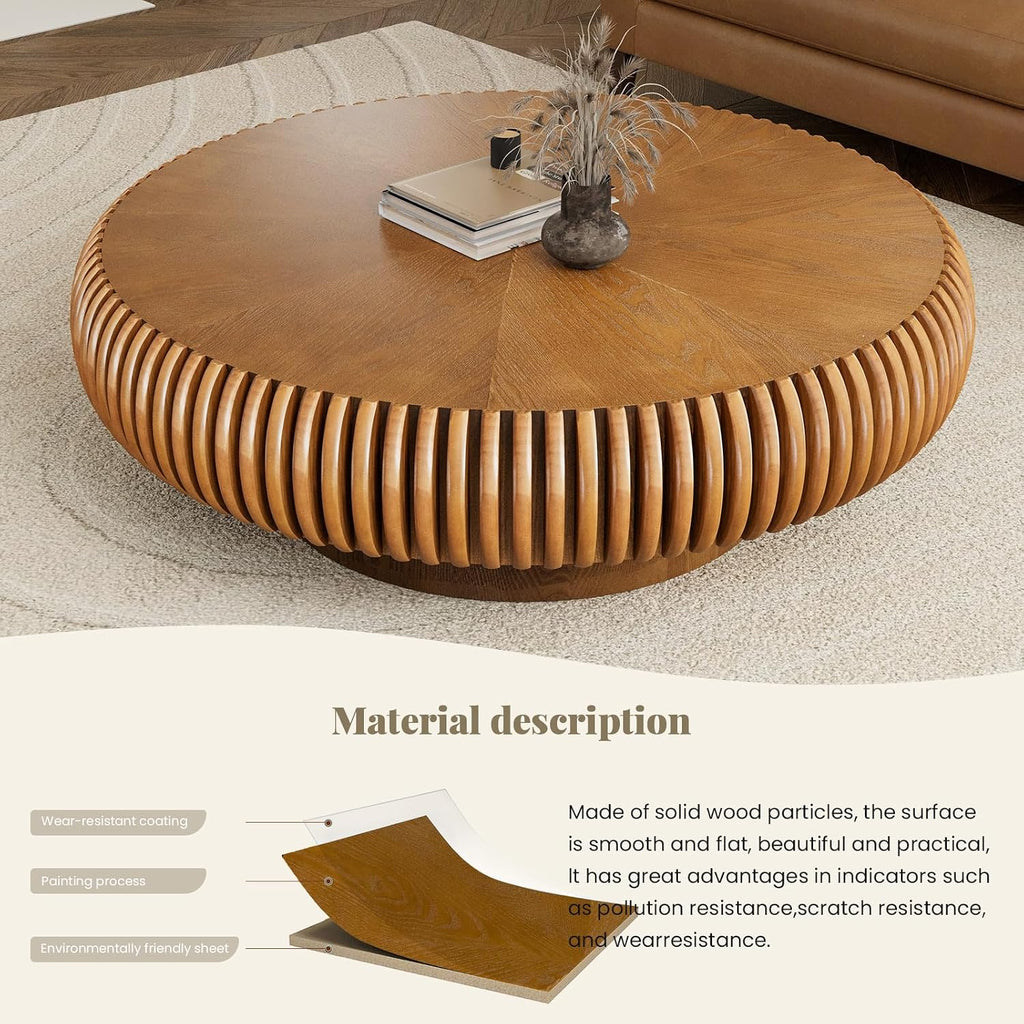Modern Unique Round Fluted Coffee Table, Brown Wood Circle Coffee Tables, Contemporary Round Drum Accent Center Table for Living Room Reception Room