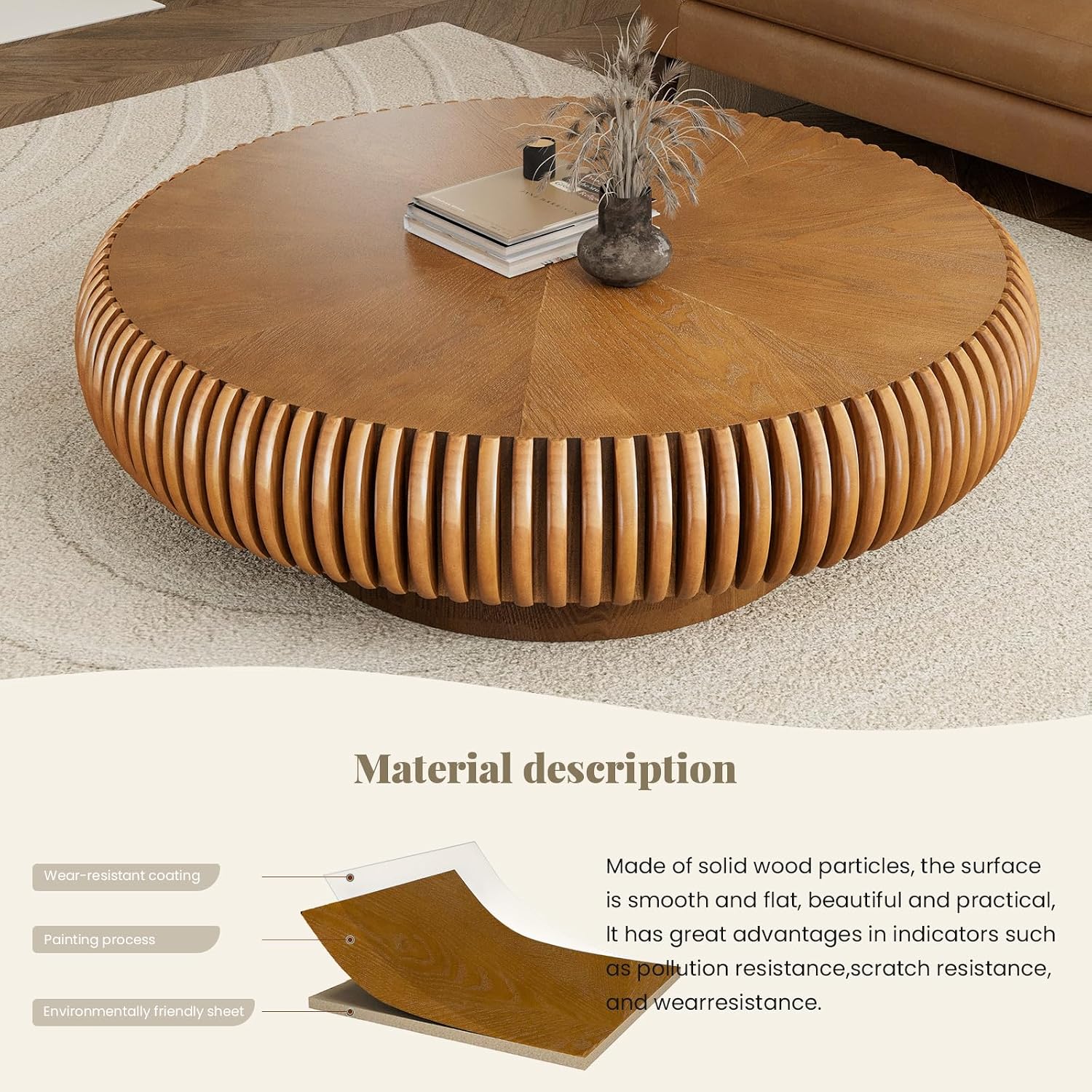 Modern Unique Round Fluted Coffee Table, Brown Wood Circle Coffee Tables, Contemporary Round Drum Accent Center Table for Living Room Reception Room