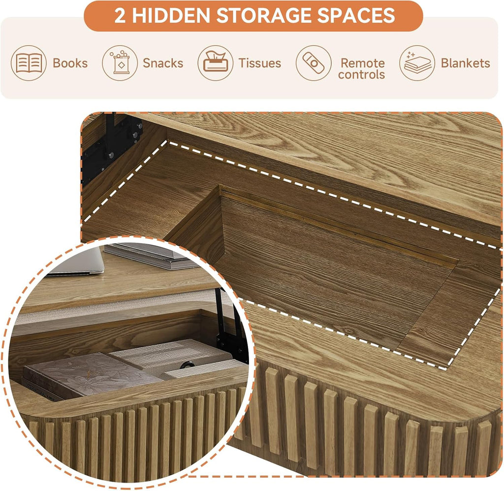 Lift Top Coffee Table for Living Room, Fluted Coffee Tables with Storage, Solid Wood Veneered Modern Accent Tea Center Table for Small Space Apartment (Natural-38.6''D×26.8''H)