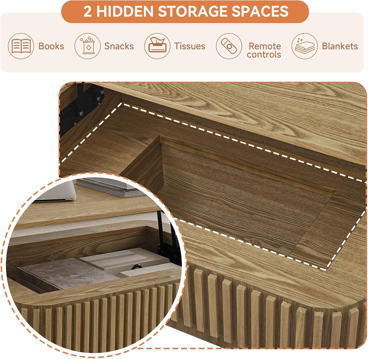 Lift Top Coffee Table for Living Room, Fluted Coffee Tables with Storage, Solid Wood Veneered Modern Accent Tea Center Table for Small Space Apartment (Natural-38.6''D×26.8''H)