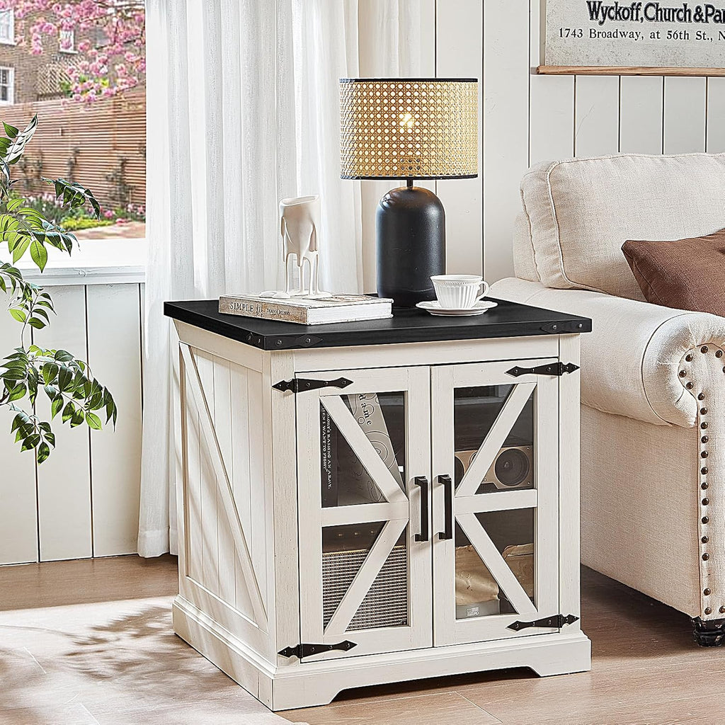 Joaxswe 24' End Table Set of 2 with Charging Station, Farmhouse Night Stand with Glass Barn Door, Nightstands with Adjustable Storage Shelf, Large Wood Square Bed Side Table for Living Room,Bedroom