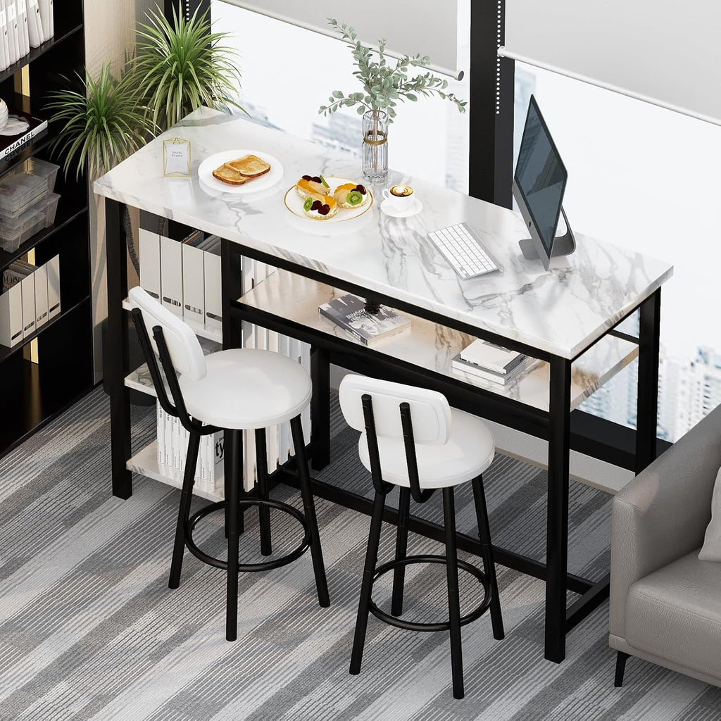 AWQM 3-Piece Bar Table and Chairs Set, Modern White Faux Marble Table with 2 PU Cushion Bar Stools, Kitchen Counter with 3 Tier Storage Shelves, Space Saving Table for Home & Kitchen, Black Frame