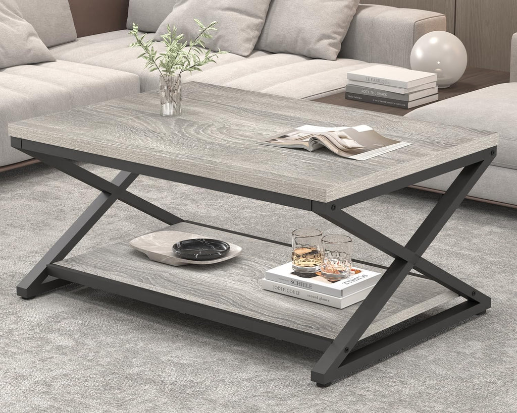 HSH Rustic Grey Coffee Table, Modern Minimalist Living Room Table with Storage Shelf, Industrial Simple Metal Wooden Center Table, 2 Tier Rectangle Cocktail Tea Table for Home Office Bedroom, 39 Inch