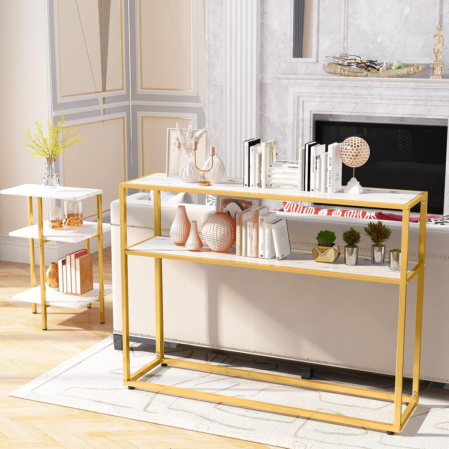 Lamerge Marble Coffee Table Set - 3 Piece Living Room Table Set with Metal Frame, Gold+White