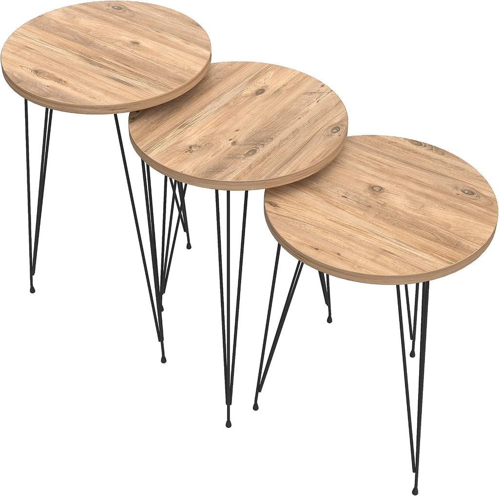 Set of 3 Pine Wood Nesting End Tables Round Wood Stacking Coffee Side Accent Table with Metal Legs for Living Room, Home Office, Nightstands for Bedroom