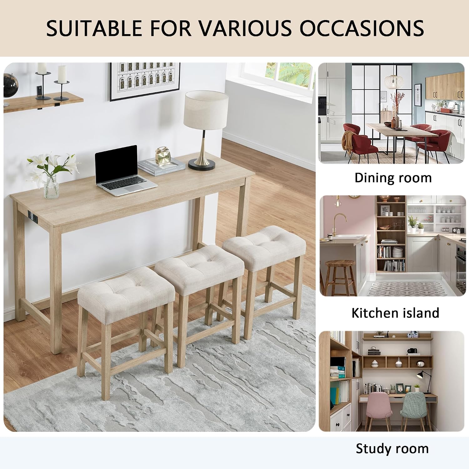 Merax 4 Piece Dining Bar Table Set with Power Outlet,Behind Sofa Couch Table with 3 Linen Fabric Padded Saddle Seat Stools,for Living Room,Dining Room,Light Oak