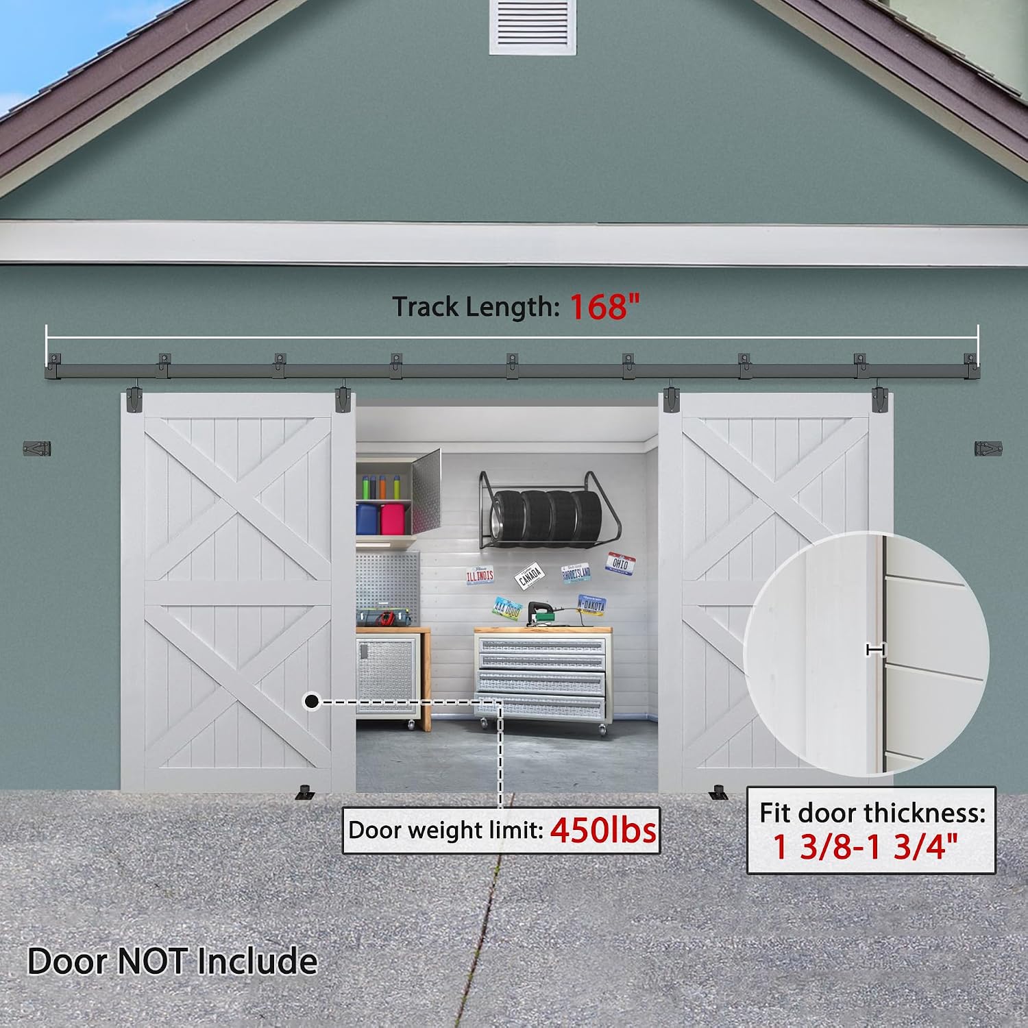 Exterior Barn Door Hardware Kit, BARNSMITH 14FT Sliding Barn Door Hardware Heavy Duty Doors Track Kit for Double Doors Use, Wall Mount, Black (Hardware Only)