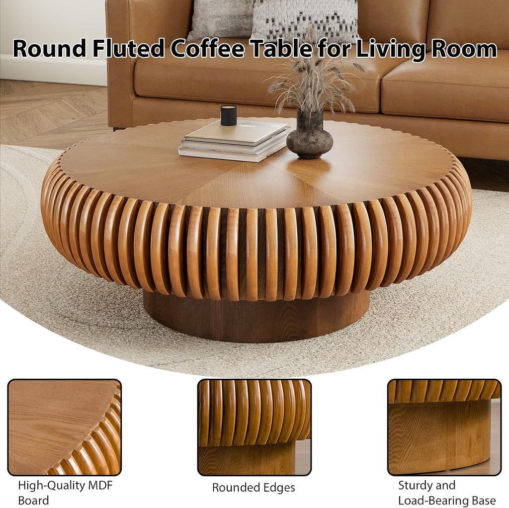 Modern Wood Round Fluted Coffee Table, Unique Brown Circular Drum Coffee Tables Mid Century Modern Handcrafted Circle Fluted Center Table for Small Space Living Room Reception Room, Apartment