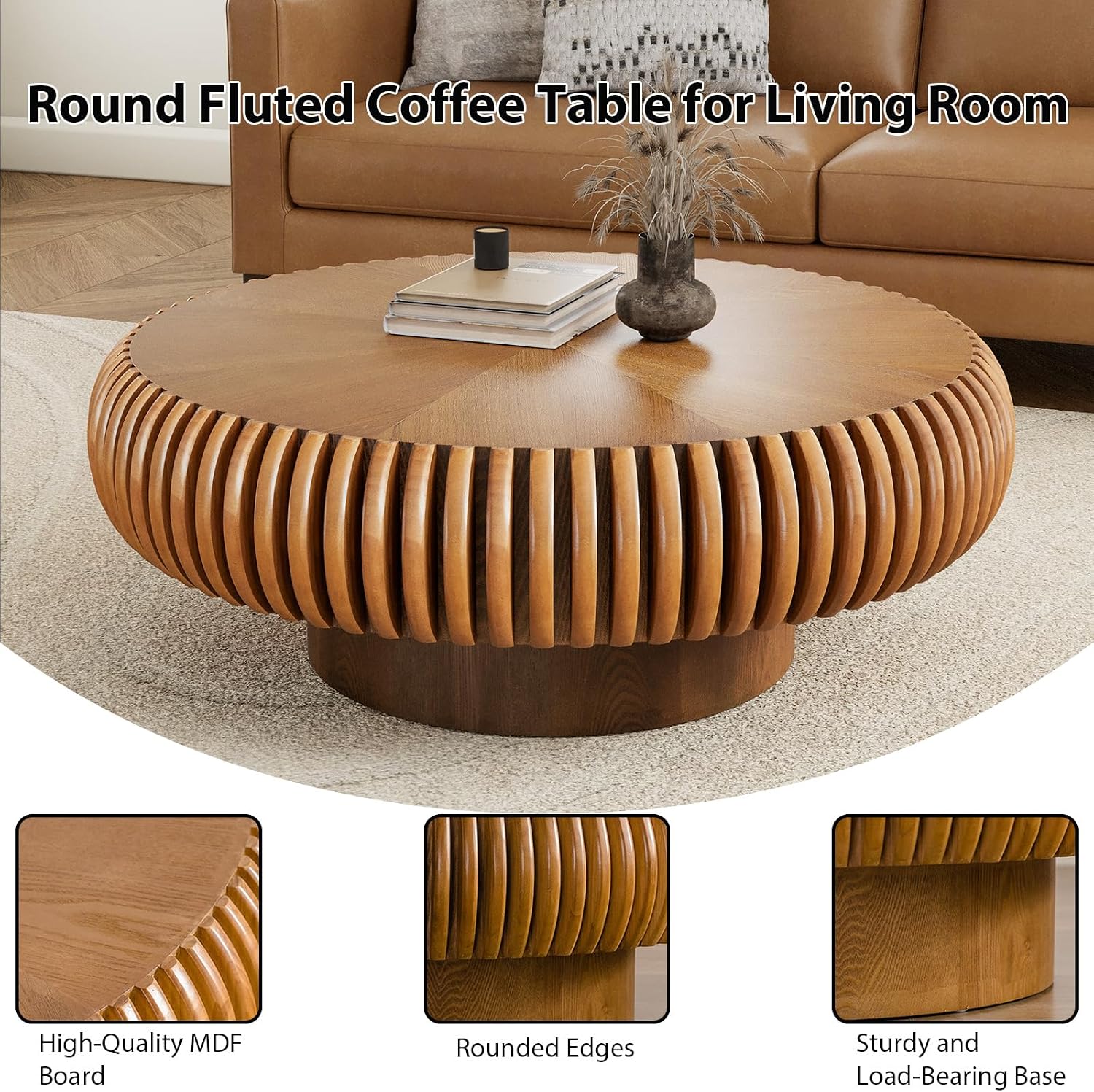 Modern Wood Round Fluted Coffee Table, Unique Brown Circular Drum Coffee Tables Mid Century Modern Handcrafted Circle Fluted Center Table for Small Space Living Room Reception Room, Apartment