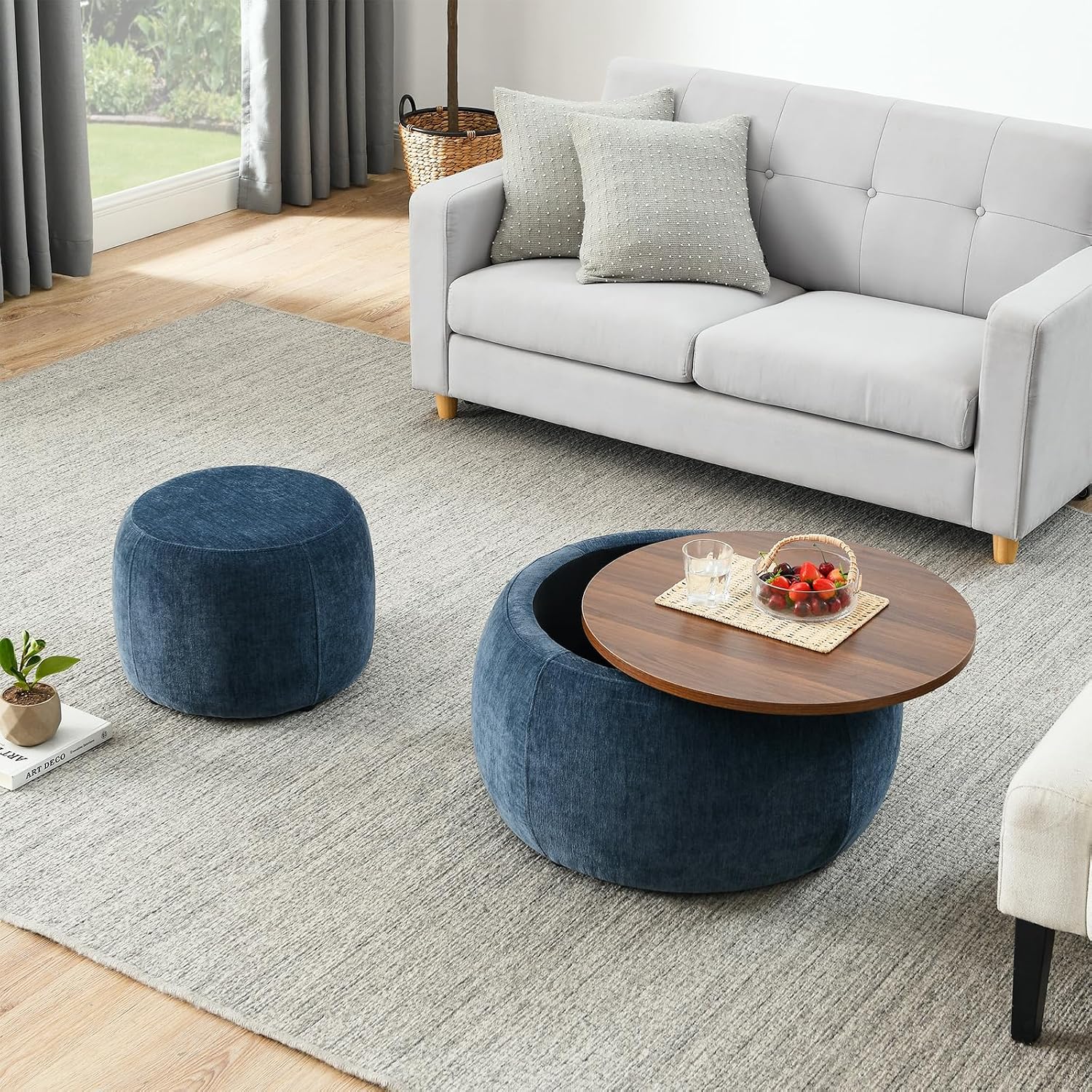 Round Ottoman with Storage Set, 25' +18' Circle Coffee Table Upholstered Nesting Modern End Table Footstool with Removable Wood Tray Chenille for Living Room No Assembly, Dark Blue