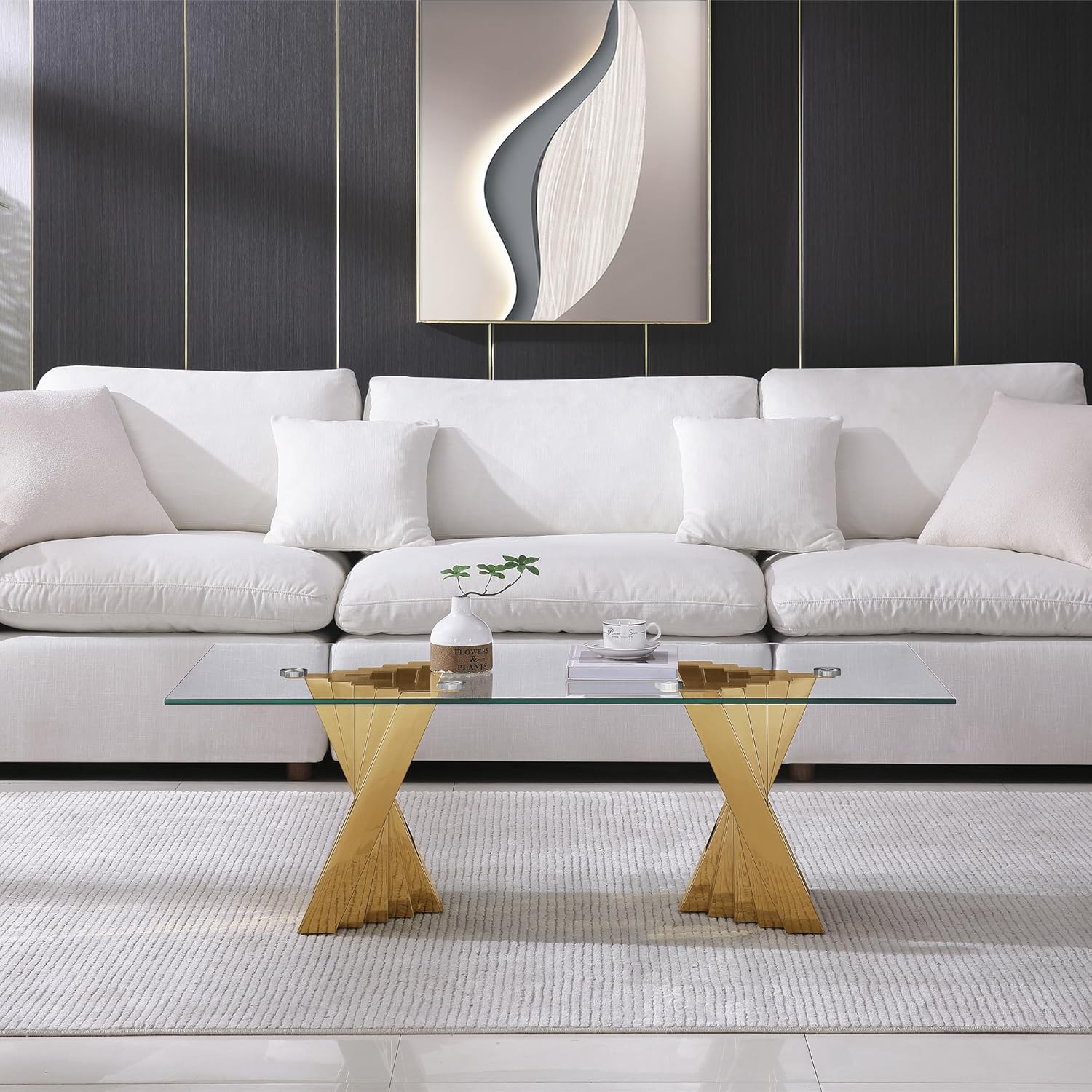 Henf Gold Glass Coffee Table with Mirrored Stainless Steel Base, 51' Rectangle Modern Living Room Cocktail Table for Home Office