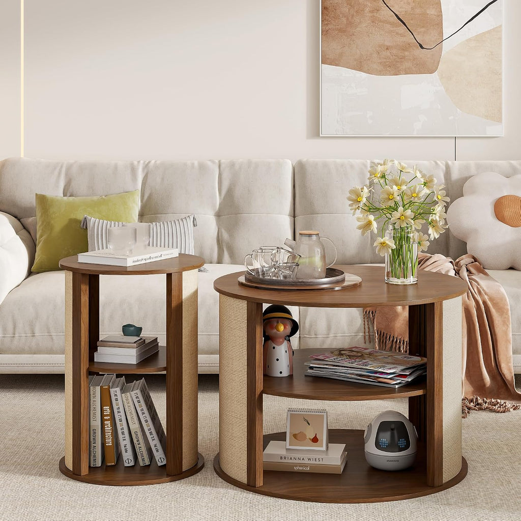Walnut Round Coffee Table Set of 3, 2-Tier Boho Mid Century Modern Wooden Circle Center Coffee Table and End Table Sets with Adjustable Shelf, Sackcloth Finish, Farmhouse, for Living Room