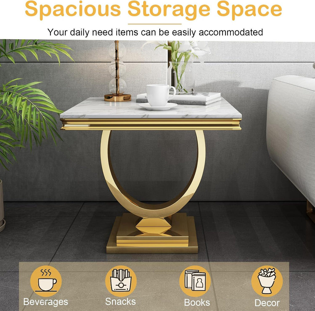 Coffee Tables Set of 3 for Living Room, Marble Coffee Table and 2 End Table Set, White Faux Marble Top&Gold O-Shape Stainless Steel Base, 3 Pieces Living Room Table Sets for Apartment Office