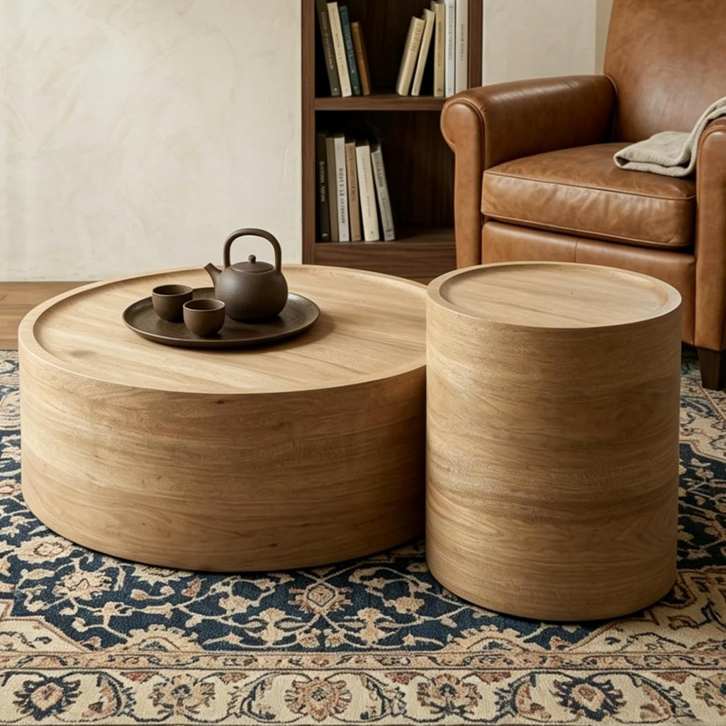 Modern Drum Coffee Table Natural Wood Color Coffee Tables Round Center Table for Living Room Home Office,31.5'- Fully Assembled