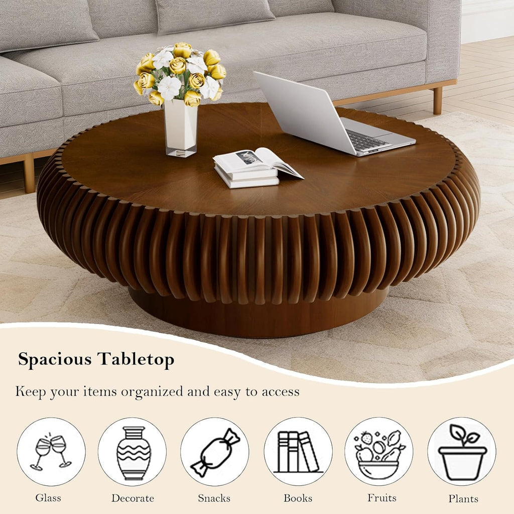 39.37' Round Fluted Coffee Table Unique Contemporary Wood Low Circle Drum Tea Tables with Sturdy Pedestal for Small Space (I Walnut 39.37in)