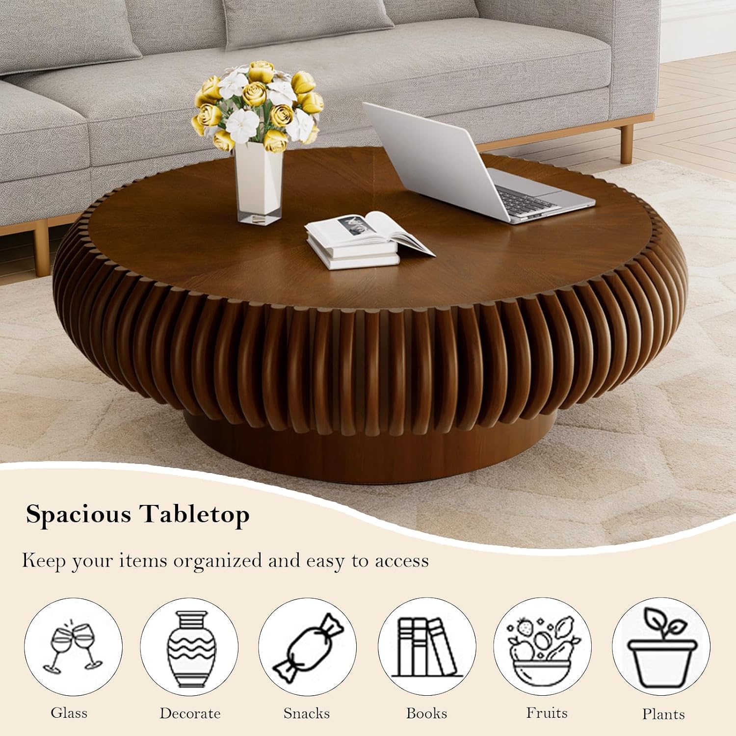 39.37' Round Fluted Coffee Table Unique Contemporary Wood Low Circle Drum Tea Tables with Sturdy Pedestal for Small Space (I Walnut 39.37in)
