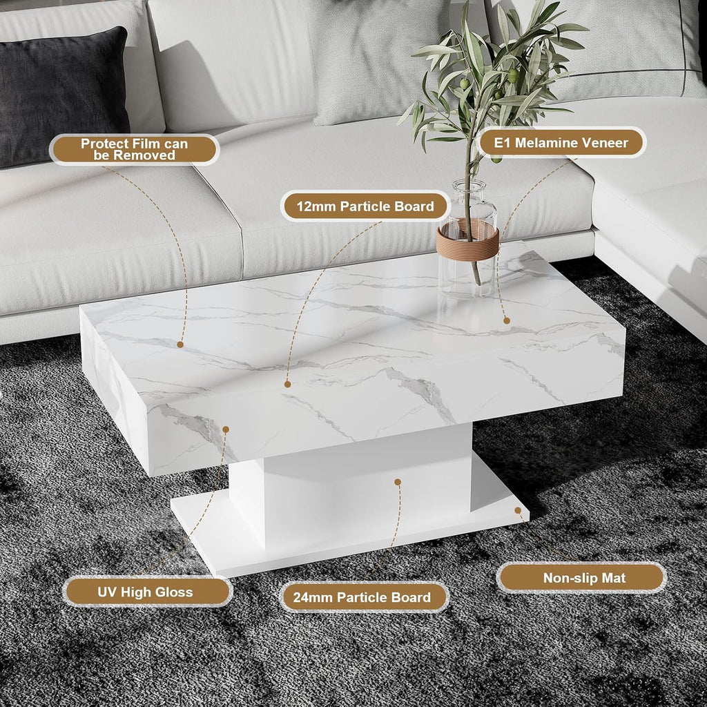 HedoAjim Led Coffee Table for Living Room, Living Room Table Rectangular Center Table, Modern High Glossy Wooden Coffee Tables with 16 Colors LED Lights for Dining Reception Room, White Marble