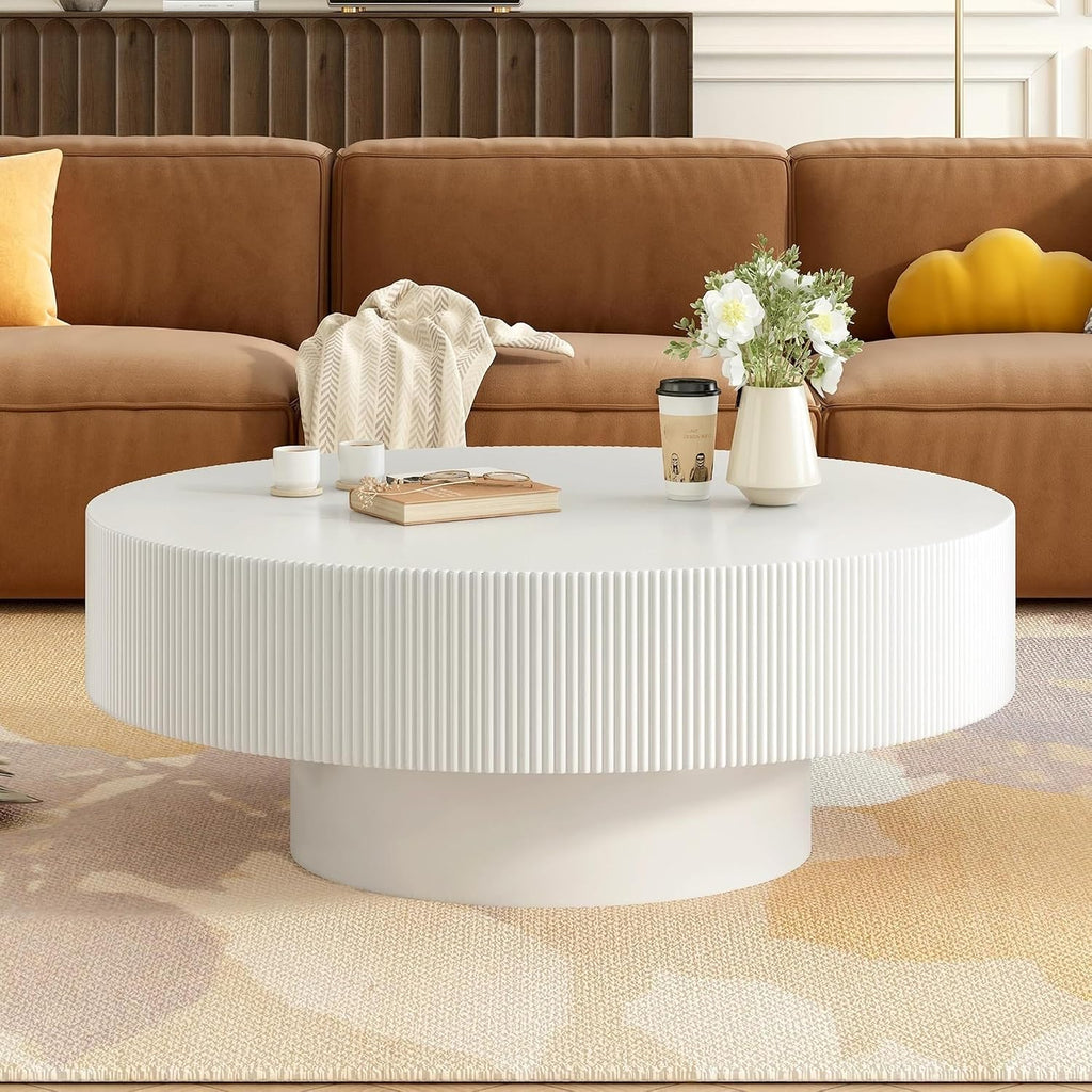 31.5' Round Coffee Table Modern White Fluted Coffee Table for Living Room Circle Drum Wood Center Tables Accent Cocktail Tea Tables for Living Room Apartment Office