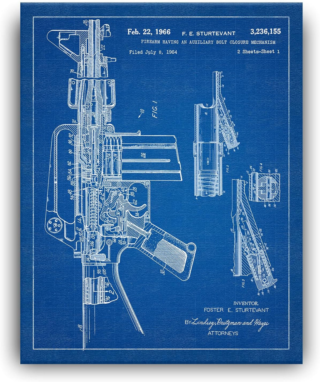 Personal-Prints Firearm Patent Art | Vintage Wall Art, Office, Bedroom Decor | 2nd Amendment & Choice of Unique Gun Art Gifts | USA Made (2 Piece Set, Blueprint, 16'x20' Stretched Canvas)