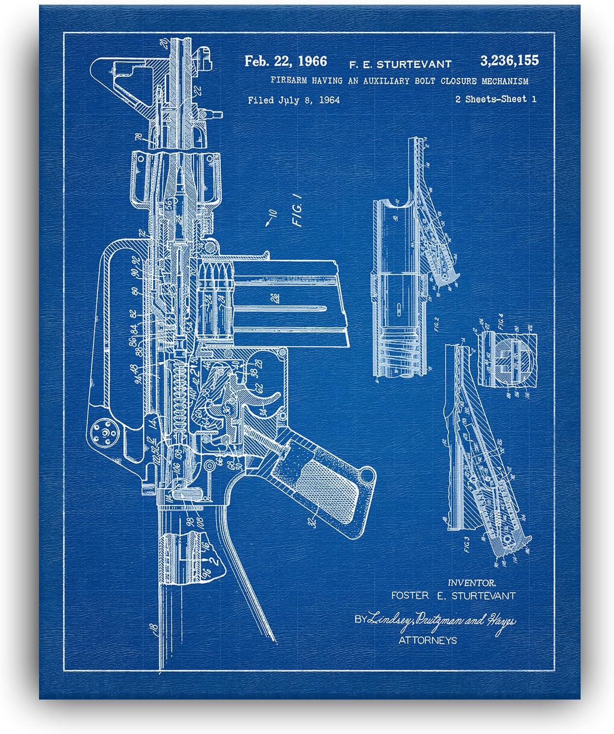 Personal-Prints Firearm Patent Art | Vintage Wall Art, Office, Bedroom Decor | 2nd Amendment & Choice of Unique Gun Art Gifts | USA Made (2 Piece Set, Blueprint, 16'x20' Stretched Canvas)