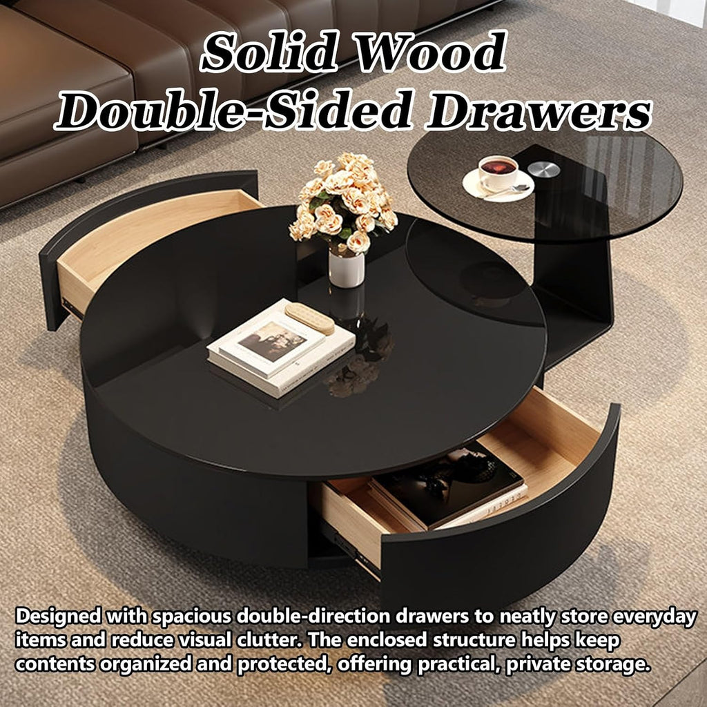 Modern Glass Coffee Circle Nesting Tables Set of 2,Coffee Tables for Living Room with Storage,Circle Drum Center Table,Apartment,Office,Minimalist Design(27.6 * 27.6 * 13')