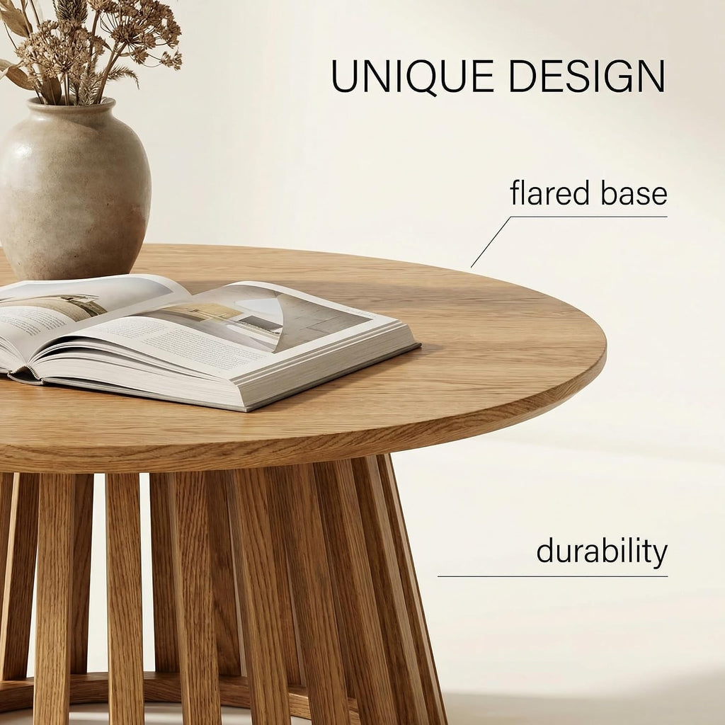 HNY Modern Round Coffee Table for Living Room, Mid Century Wood 31.5' Circle Small Center Table with Wooden Fluted Base for Home Small Space, Bedroom, Apartment, Studio, Natural