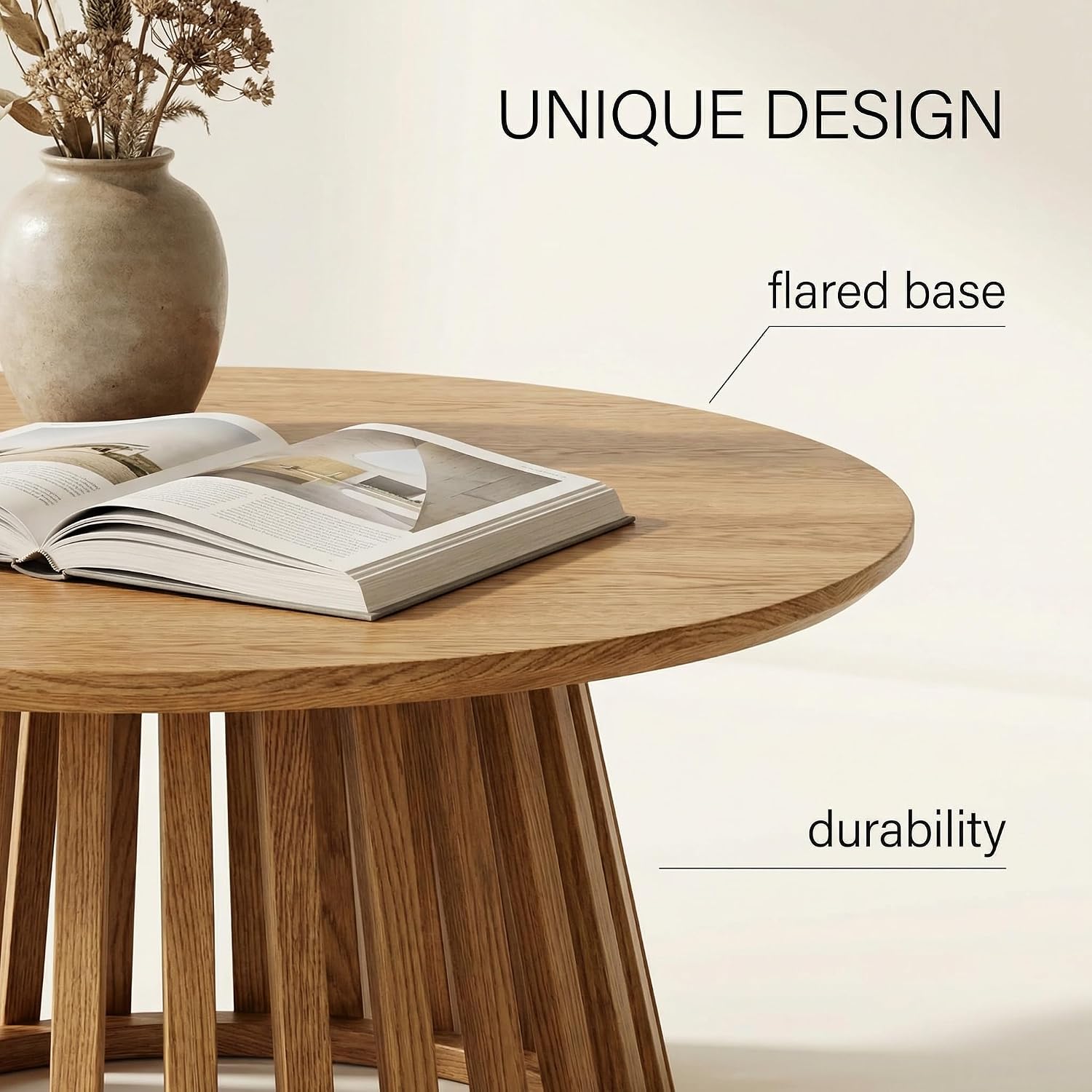 HNY Modern Round Coffee Table for Living Room, Mid Century Wood 31.5' Circle Small Center Table with Wooden Fluted Base for Home Small Space, Bedroom, Apartment, Studio, Natural