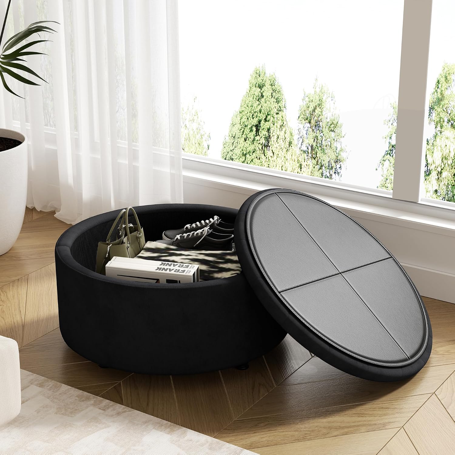 30 Inch Round Storage Ottoman,Modern Tufted Ottomans,Circular Coffee Table with Removable Top,Upholstered Large Ottoman with Storage Footrest Stool for Bedroom Living Room (Black)