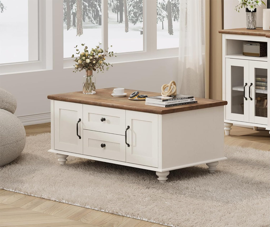WAMPAT White Coffee Table Set of 3, One Wood Center Table with Drawers, 2 End Side Tables with Charging Station, 3 Pieces Living Room Table Set