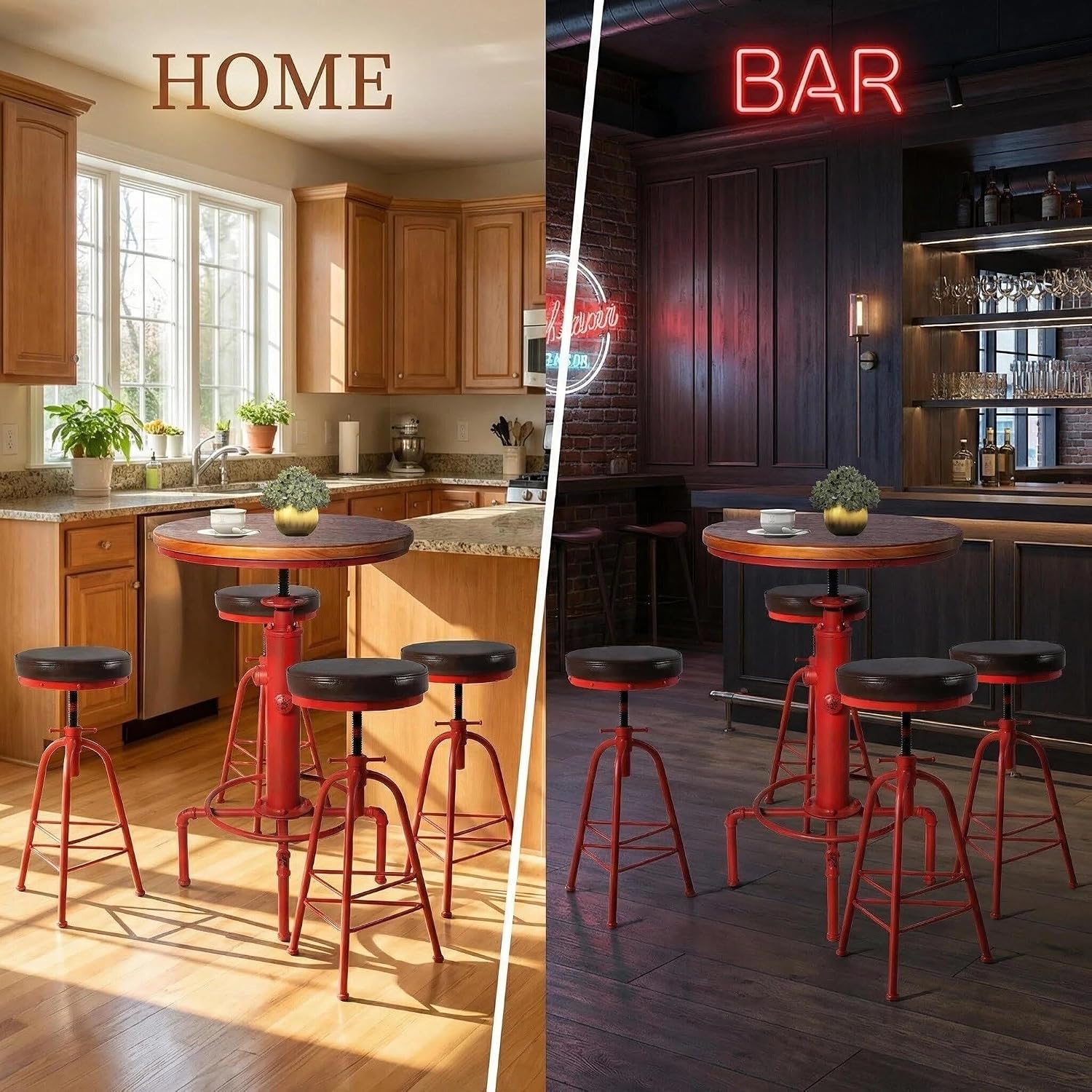 Topower 3 Piece Pub Bar Set Industrial Bar Table and PU Leather Seat Stools for 2, Adjustable Height Coffee Table Farmhouse Stool for Dining Room, Living Room, Coffee Shop, Antique Red