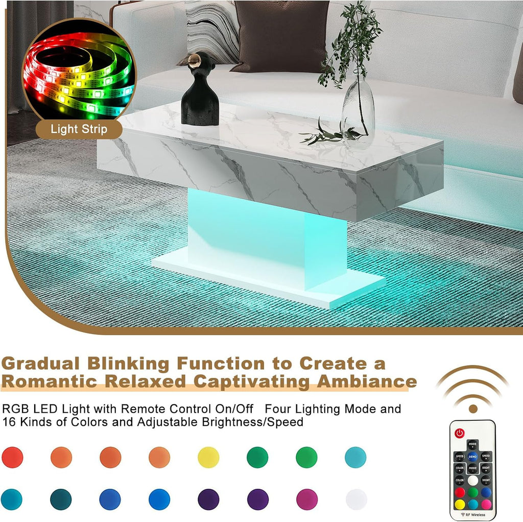 HedoAjim Led Coffee Table for Living Room, Living Room Table Rectangular Center Table, Modern High Glossy Wooden Coffee Tables with 16 Colors LED Lights for Dining Reception Room, White Marble