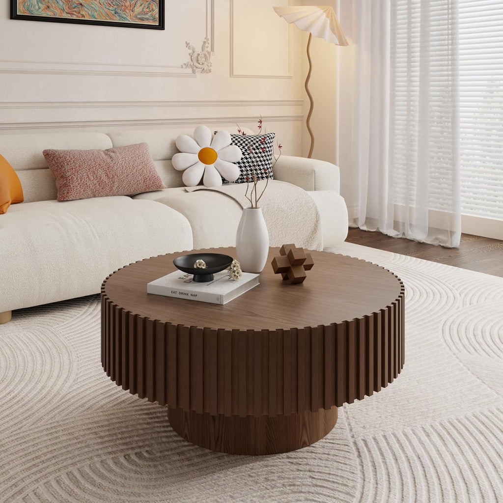 31.49' Walnut Round Coffee Table Wood, Modern Fluted Coffee Table for Living Room, Contemporary Low Circle Center Table Side Table for Small Space, Apartment, Farmhouse, Office, mesa de Cafe