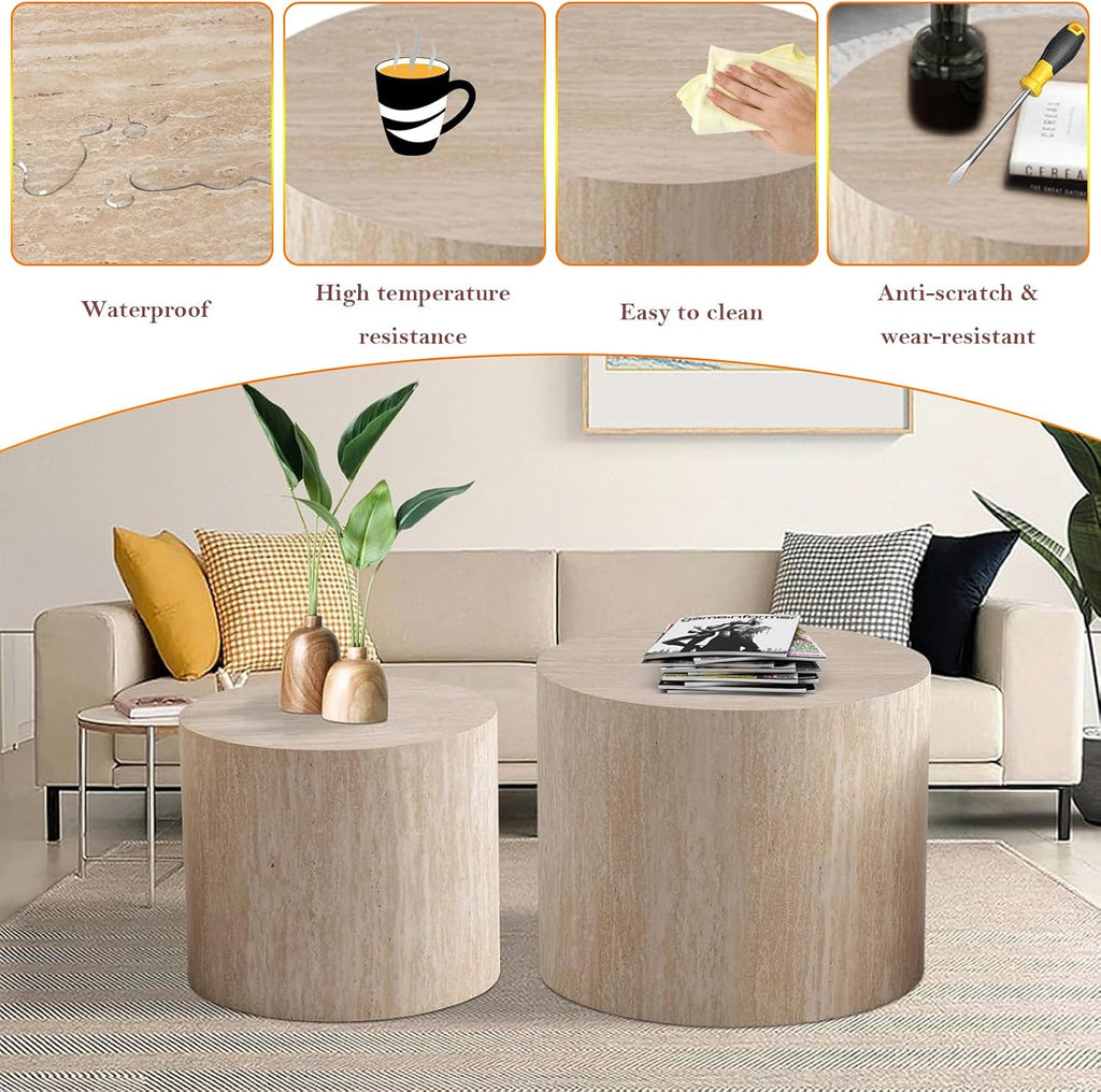 Stylish Nesting Coffee Table Set of 2, Elegant Chic Round Wooden Center Table - Smooth Finish & Easy to Clean, No Assemble Needed (E-18.1+14.6in)