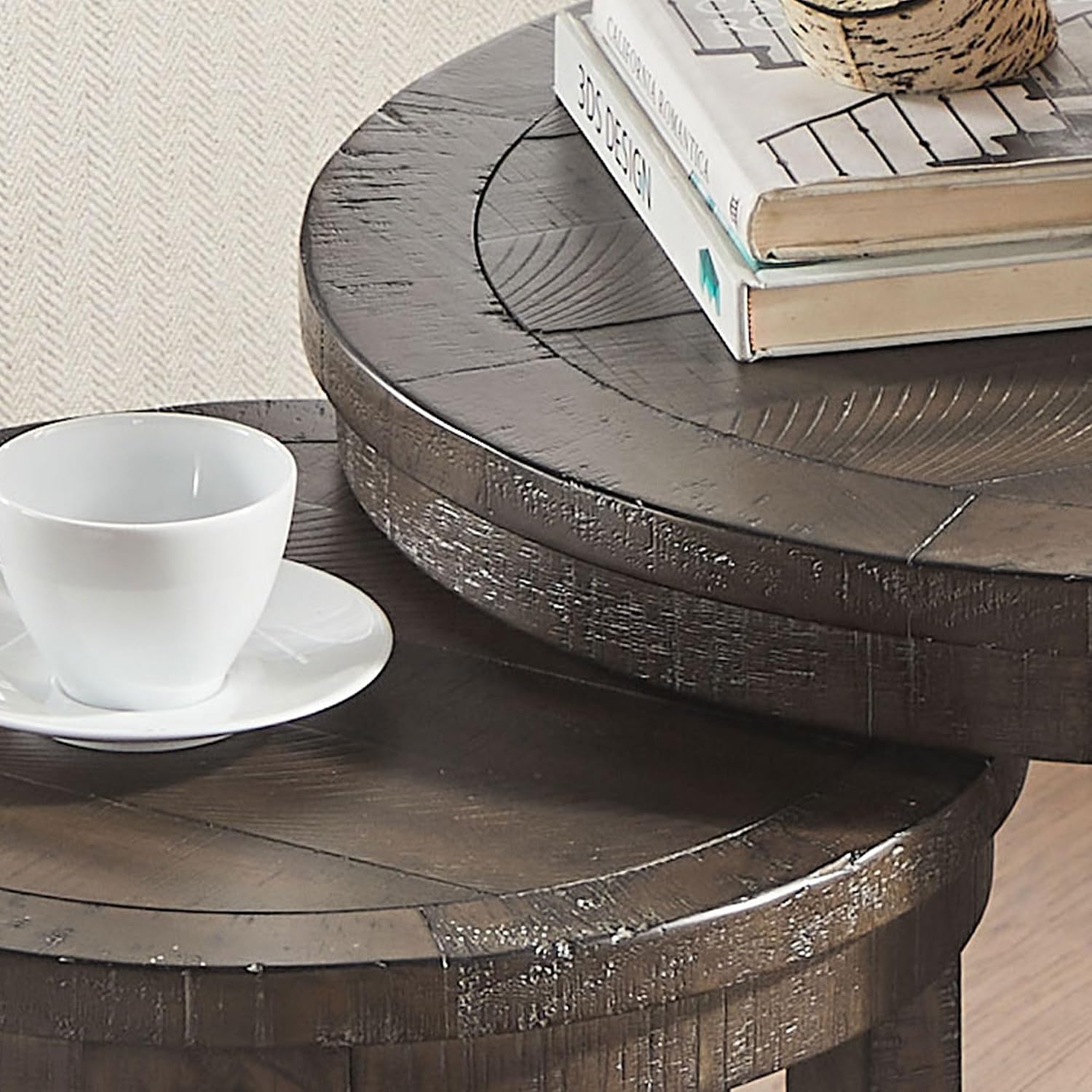 Round End Side Table Set of 2, Handcraft Nesting Table for Living Room, Modern Wood Circle Style, Easy Assembly, Dark Brown